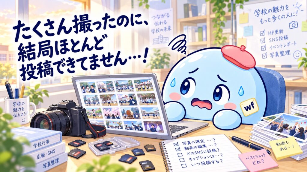学校イベントでたくさん撮影したものの投稿できずに悩むコマリさん
