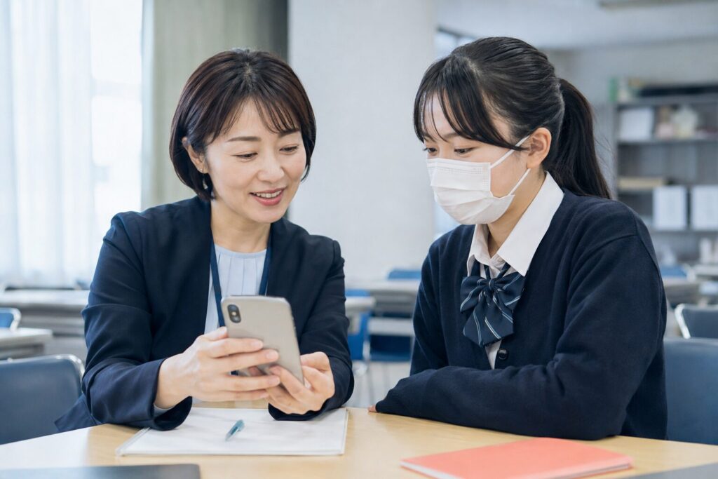 学校広報担当者とマスクを着けた学生がSNS投稿を確認する様子
