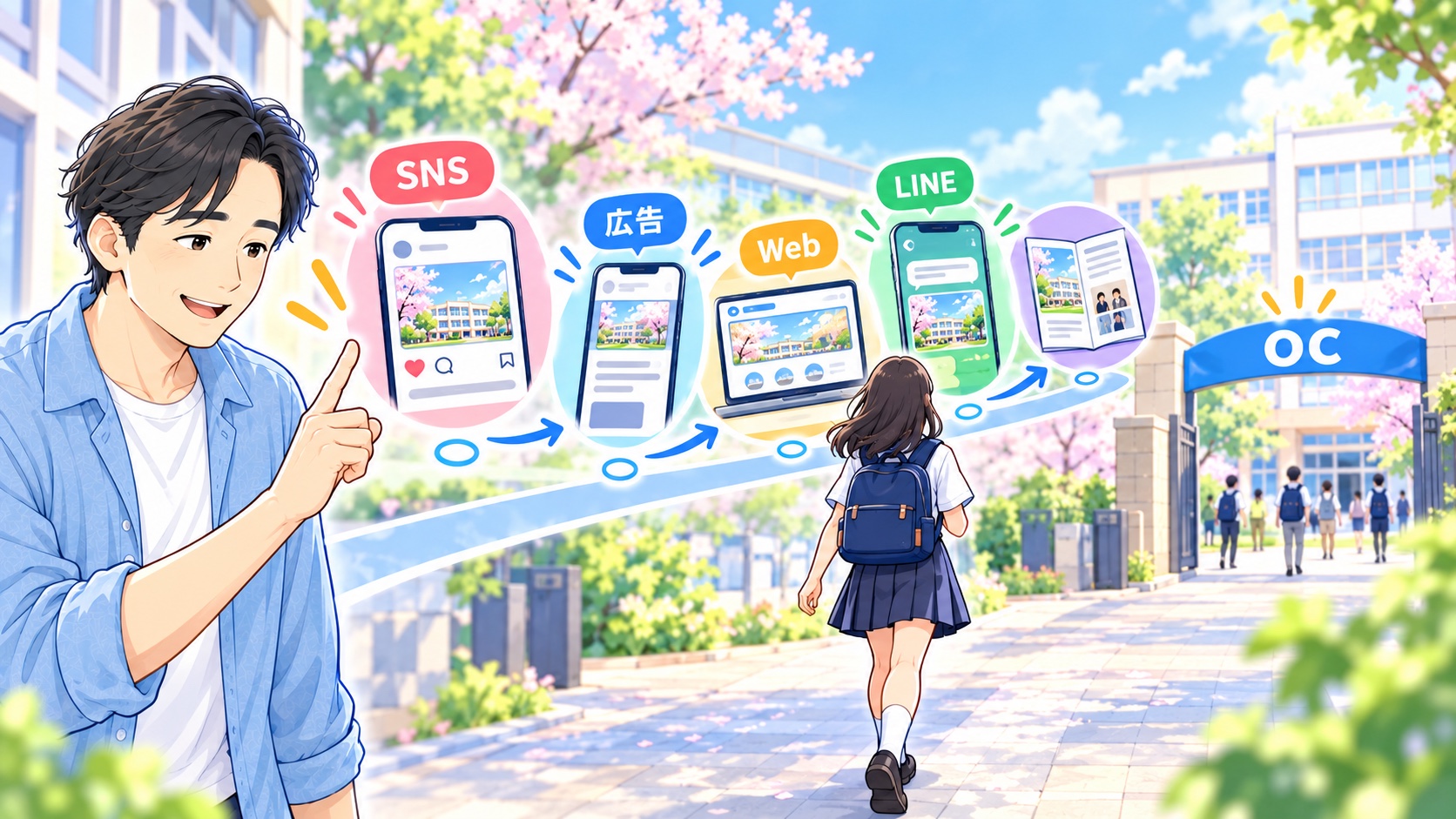 SNS、広告、Web、LINE、オープンキャンパスを経て学校へ進む複数の接点