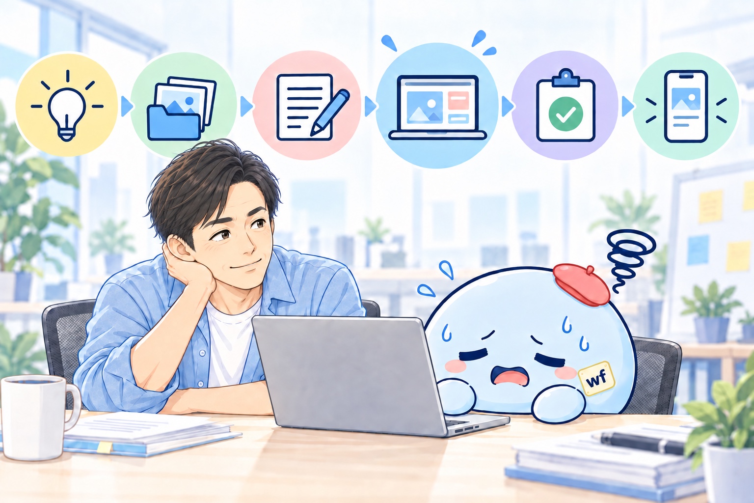 企画、素材、文章、デザイン、確認、投稿という工程の途中で止まっているコマリさん