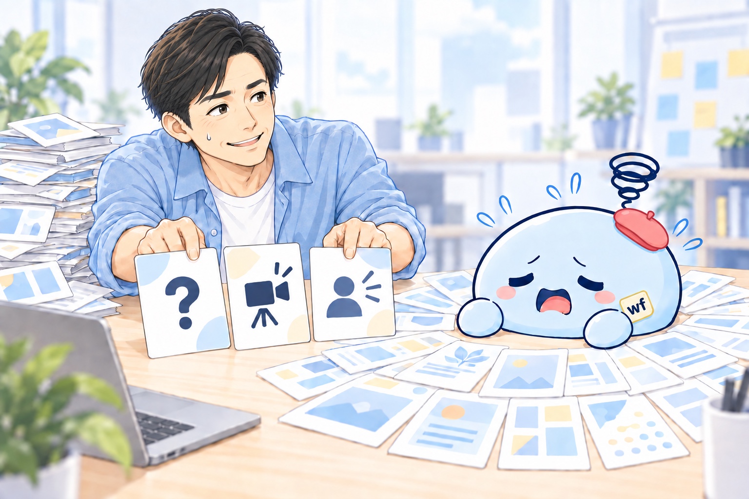 大量のテンプレートに埋もれるコマリさんへ、やまだが3種類の投稿カードを差し出している