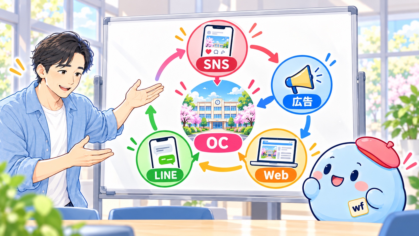 SNS、広告、Web、LINE、オープンキャンパスを一つの募集導線として考える