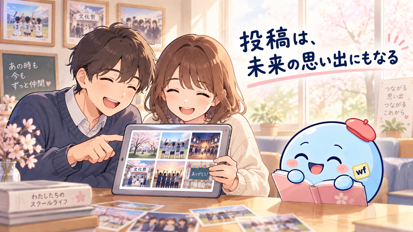 学校SNSの投稿が未来の思い出として残るイメージ