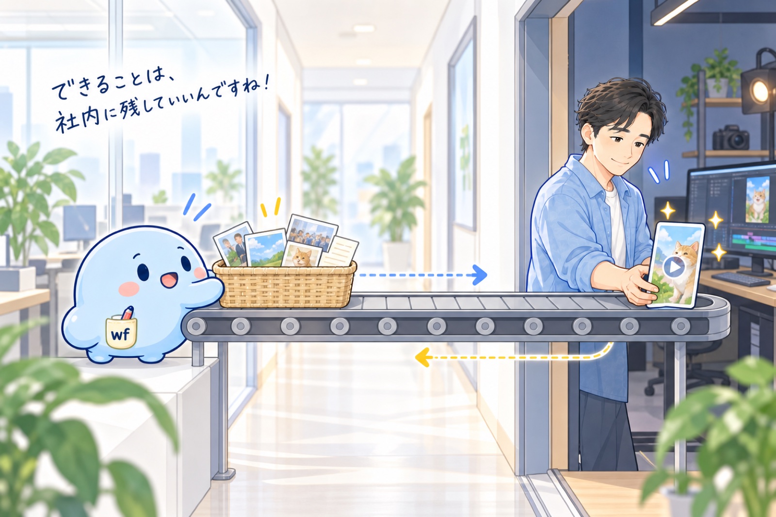 社内のコマリさんが写真や情報を渡し、外部支援のやまだが動画へ仕上げて返す分担の流れ