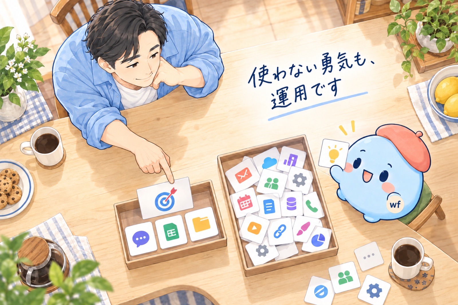 やまだとコマリさんが目的に合う少数の道具を選び、使わない道具を別の箱へ整理している